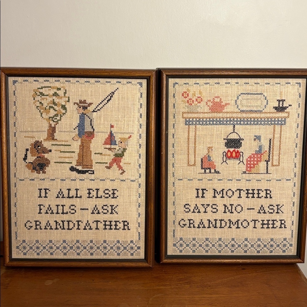 Vintage 70s Framed In Canada Needlepoint Sampler Art Set Gift for Grandparents